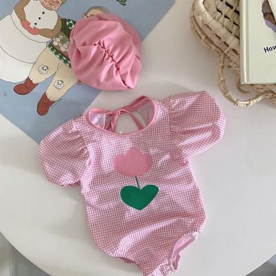 China 2021 Summer New Korean Children's Clothing Girls Plaid Swimsuit Breathable One-Piece Children Flower Sunscreen Swimwear for sale