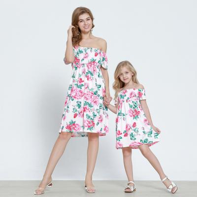 China Flofallzique Breathable One-shoulder Fashion Design Mother and Daughter Floral Print Dresses 2021 Summer for sale