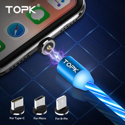 China +Strong Lightweight Flowing Magnetic TOPK 3 in 1 Flowing Clear Colors Micro Usb Magnetic Led Phone Charging Cable for sale