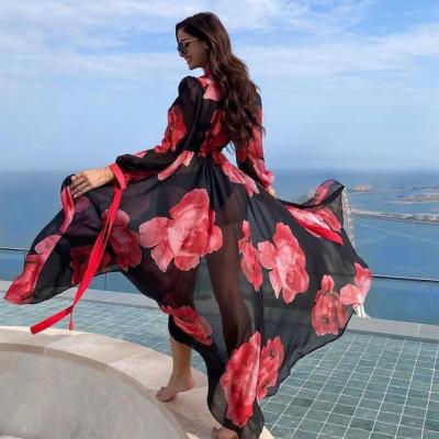 China Customized plus size printing breathable chiffon plus size summer women beach dress ladies cover up for wholesale for sale