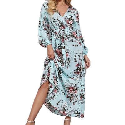 China Antistatic Plus Size Surplice Neck Self Belted Botanical Print Dress For Women for sale