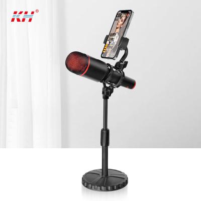 China Best Selling Adjustable Desktop Mic Stand With Phone Holder Cell Phone Portalbe Round Low Microphone Stand For Live Streaming for sale