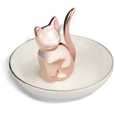 China Cat Ring Holder Trinket Tray Ceramic Jewelry Dish Rose Gold Color Cat Ring Holder Trinket Tray Ceramic Jewelry Dish 4.5 x 4.4 x 4.2 inch for sale