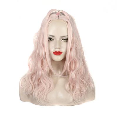 China New Medium Braid Wig Women's Long Silky Pink Curly Hair Synthetic Wig Head Set for sale