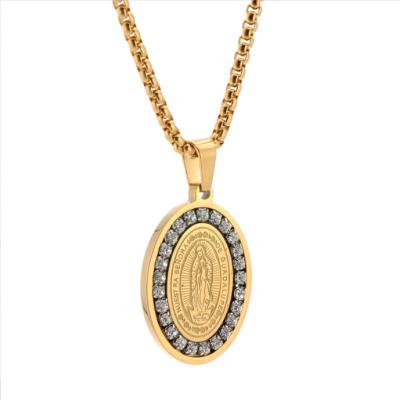 China Titanium Steel Circle Diamond Religious Virgin Mary Hiphop Oval Necklace Lovers Accessory for sale