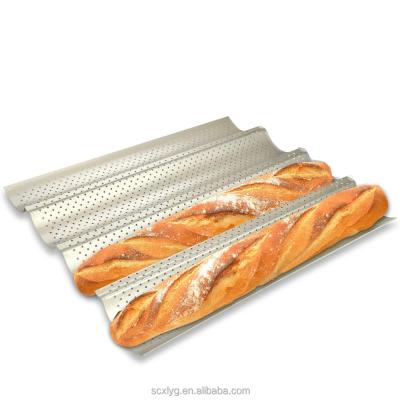 China Disposable Home Bakery 2/3/4 Tier Ribbon /black Coating Nonstick Long French Bread Baguette Pan for sale