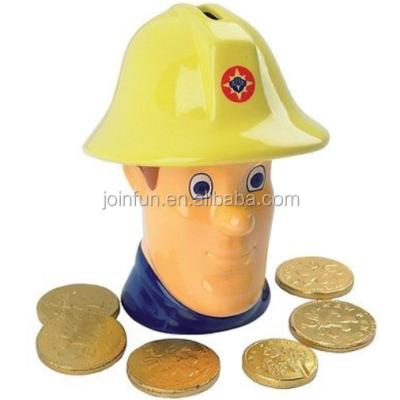 China Collectable For Fun Fireman Sam Plastic Money Bank Box Custom Cash With Chocolate Penny Christmas for sale