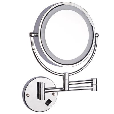 China Lighted Round Chrome Finish Double Sides 360 Degree Free Rotating 3 Color Led Lights Wall Mirror With Extendable Arm for sale