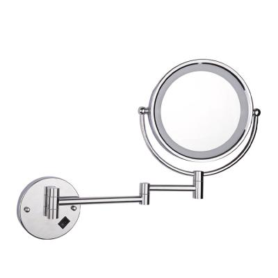 China Double Side Magnifying Vanity Mirror Stainless Steel Lighted Wall Mounted Makeup Mirror 360 Degree Rotation For Lady for sale