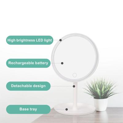 China Smart Touch Lighted Round Stand Portable Makeup Table Mirror Adjustable 3 LED Color Lights Table Mirror with Storage Base for sale