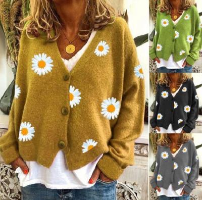 China Breathable Floral Sleeve Knitwear Sweater V-Neck Loose Button Long Bottom Knitted Cardigan Pattern for sale