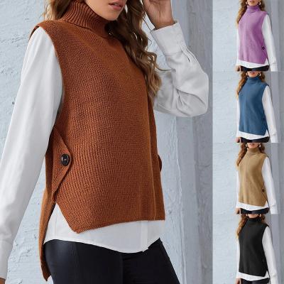 China Comfortable Women's Solid Color Button Poncho Warm Neck Knit Vest Sweater for sale