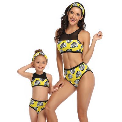 China Breathable Mommy and Me Summer Matching Kids Swimsuit Beachwear Swimwear Teenage Child Bikini Cute Family Cut Out Print Swimwear for sale