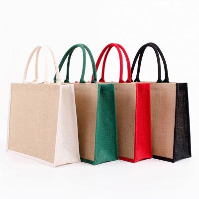 China Reusable Customized Tote Bag Advertising Gift Empty Logo Burlap Jute Shopping Bag Eco Friendly Color Stitching for sale