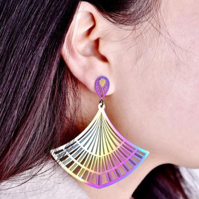 China Lady High Fashion Girls Trendy Pink Sector Fan Shape Creative Exaggerated Geometric Drop Earrings Tassel Circle Earrings for sale