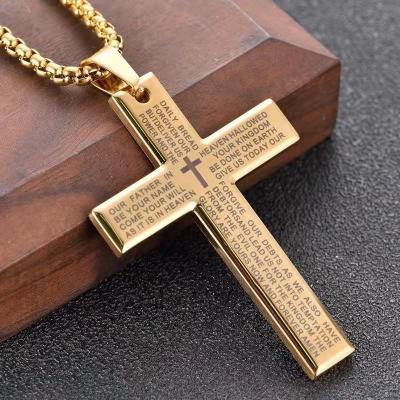 China Jesus Christ Saint Cross Inspirational Religious Inscription Engraved Jewelry Stainless Steel Gold Silver Black Titanium Pendant Necklaces for sale