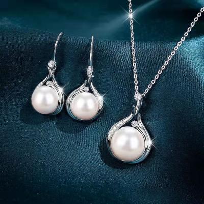 China Elegant Ethnic White Gold Women Wedding Pearl Earrings Pendant Necklace Sets Silver Plated Simple Real Pearl Jewelry Set Bridal 925 for sale