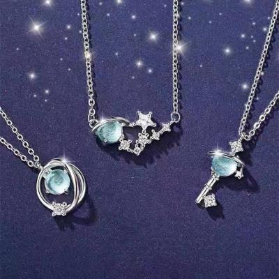 China Latest Korea TRENDY Fashion Planet Necklace Maidens Cute Blue Dreamy Star Zircon Pendant Necklace Sets For Sisters for sale