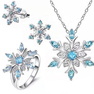 China Trendy Trendy 4 in 1 Elegant Blue Zircon Sterling Snowflake Earrings Necklace Inset Christmas Winter Stones Jewelry Sets for sale