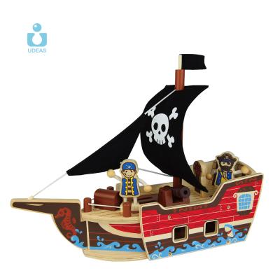 China Toy Pirate Boat Building Blocks Wooden Educational Child Wooden Building Blocks Wooden DIY Puzzles Toy Pirate Ship Assembly Toys Beech Wood for sale