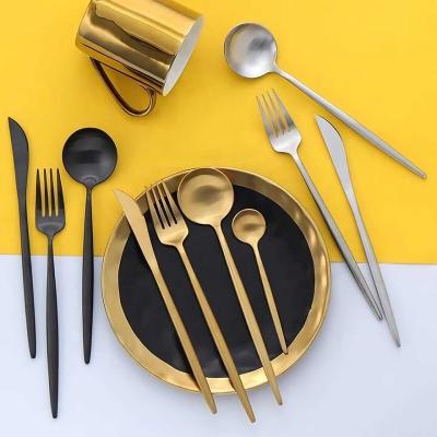 China Disposable Portugal Style 304 Stainless Steel Soup Spoon Knife Fork Matte Gold Cutlery Set 4pcs for sale