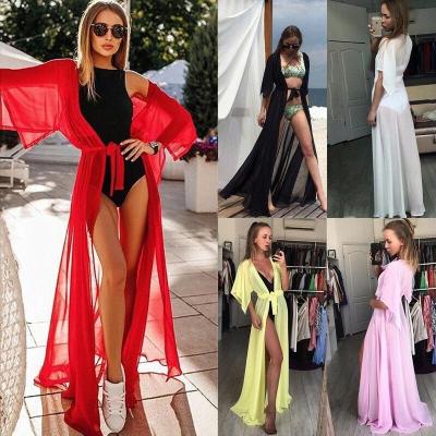 China 2023 Summer Lady Beach Cover Up Sexy QUICK DRY Chiffon Bikini Long Dress For Women Beach Dress Women Swimwear Solid K Beach Tunic for sale