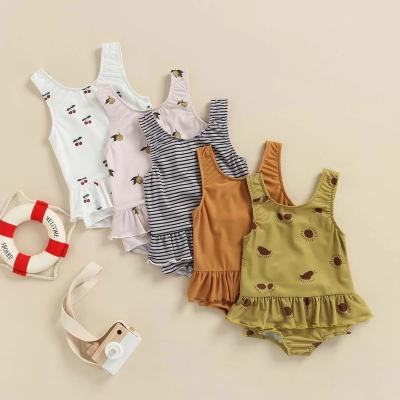 China Spandex/Cotton Babies Infant Swimwear Outfits 0-3Y Sleeveless Sun/Ruffles Beach Wear Striped Print Swimwear for sale