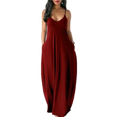 China 2021 Anti-Static Newest Design V-neck Suspender Strap Loose Pockets Long Solid Women Fashion Casual Maxi Dresses for sale