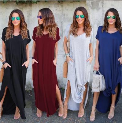 China 2020 Women's Anti-Static Solid Color Ladies V-Neckline Long Casual Loose Short Sleeve Pockets Slit Maxi Dresses for sale