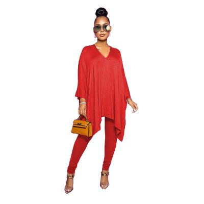 China Anti-pilling New Arrivals 2021 Wholesale New Style Solid Color V-neck Slit Long Sleeve Women's Two Piece Sets (Q730) for sale