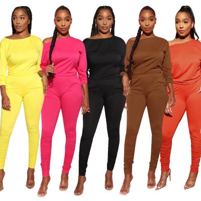 China QUICK DRY Women Clothing Long Sleeve Off-Shoulder Pleated Pants Suit Pants Two Piece Set (Q657) for sale