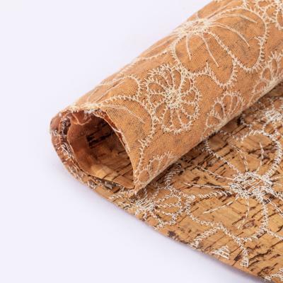 China Cork Factory Waterproof Natural Leather Shoe Making Material Cork Fabric Flower Embroidered Cork for sale