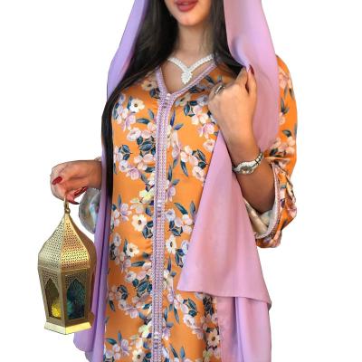 China 2021 Fashion Hot Sale Eid Turkey Arabic Oman Islamic Dubai Muslim Moroccan Jalabiya Hijab Dress Women Orange Floral Clothing for sale