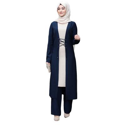 China New Popular Muslim Sleeve Front Cardigan Three Piece Open Suit Solid Color Dubai Abaya Fashion Long for sale