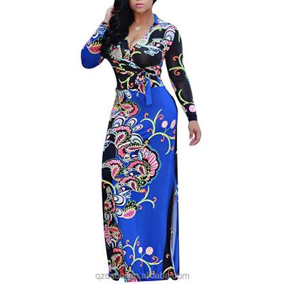 China Anti-wrinkle new design cheap sexy women's deep v neck patterns printed african long sleeve kitenge plus size maxi dress for sale