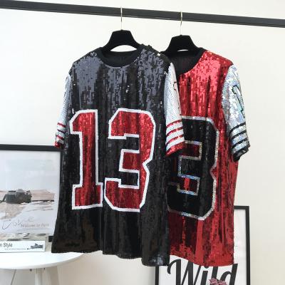 China New Design Stage Performance Clothing Hip Hop T-shirt Dress Sequins Anti-Shrink T-shirt for sale