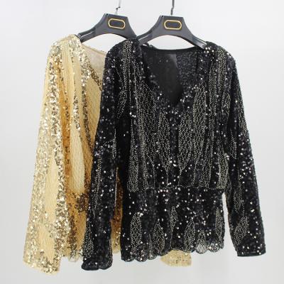 China Women V-Neck Lace Sequin Anti-Shrink Blouse for sale