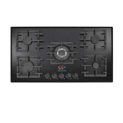 China Five Ceramic / Glass Gas Burners 90cm Black Glass Built In Hob With Square Grid On Tempered Glass Cooktop for sale