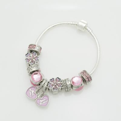 China CLASSIC Pink Glass Beads Heart Pendant Charm Beads Ladies Bracelet Wholesale Silver Cute Girl Bracelet for sale