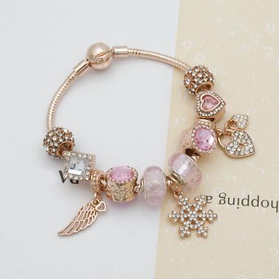 China Rose Gold Snowflake Pendant Charm CLASSIC bead wholesale women Rose Gold Charm Ladies bracelet bangle for gifts for sale