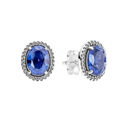 China FASHIONABLE Wholesale Silver Plated Zircon Stud Earrings Luxury Women Blue Shiny Oval Stud Earrings for sale