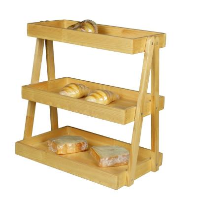 China Simple Design Simple Custom Solid Wood Natural Color Three Layers Wooden Bread Display Racks for sale