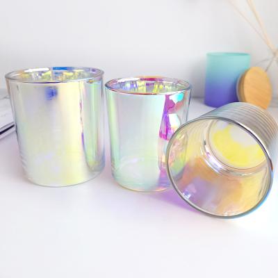 China Iridescent Decoration Candle Jar Rainbow Gradient Glass Candle Jar Container with Metal Wood Lids for Soy Wax Scented Candle Making for sale