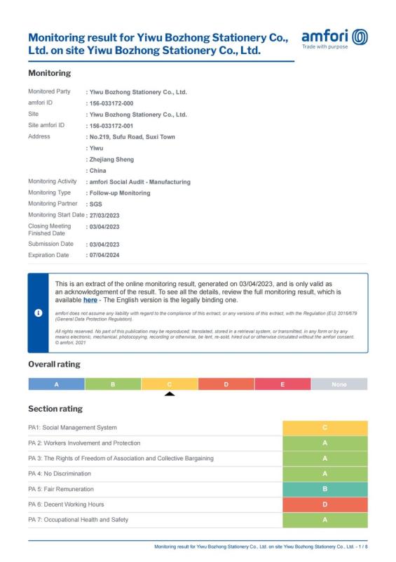 BSCI - Danyang Wopin Import And Export Co., Ltd.