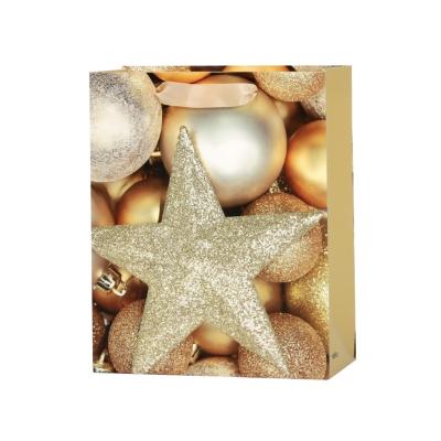 China Recyclable Ready Goods Festive Decorative Glitter Star and Ball Printed Gift Christmas Paper Bag Packaging for sale