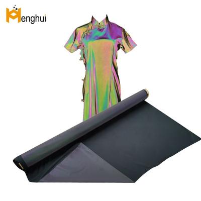 China reflectivo 100% polyester color changing rainbow vinilo elastic black/reflective polyester fabric material for sale