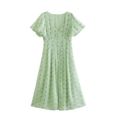 China Fashion Custom Made High Quality Summer Urban Casual Women Anti-wrinkle Dress Floral Printing V Neck Short Sleeve Dress for sale