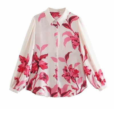 China Custom Made Breathable High Quality Silk-satin Lapel Spring Sleeve Shirt Vintage Floral Print Long Shirt Blouse for sale