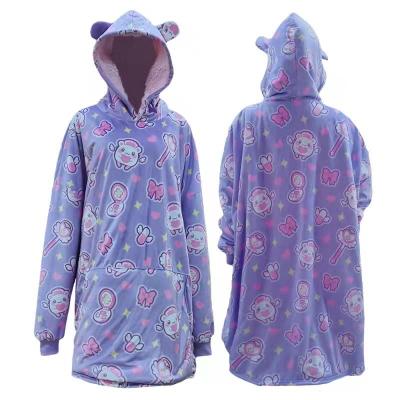 China Custom Women Folded Men's All Over Print Oversized Luxury Soft Fleece Sherpa Warm Wearable Hooded Sweatshirt Blanket With Ears for sale