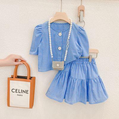 China New Casual Summer Girls Clothes Suit Blue Puff Sleeve Plaid Tops And Borders Two Piece Set for sale